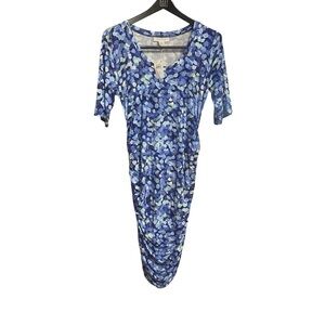 Motherhood Maternity Midi Dress Size M Stretch Blue Floral Side Ruching Shower